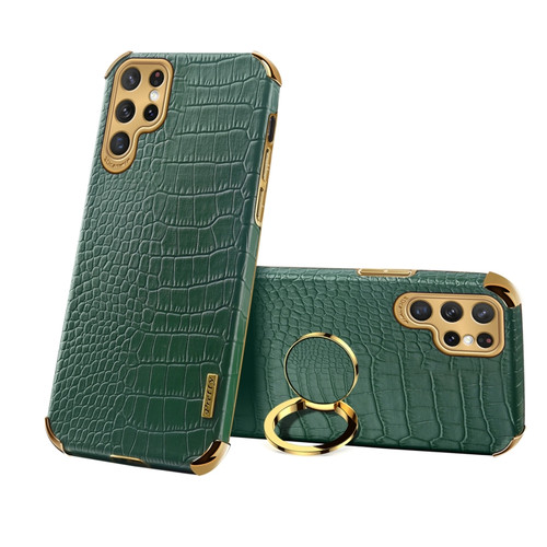 Samsung Galaxy S22 Ultra 5G 6D Electroplating Crocodile Texture Phone Case With Holder - Green