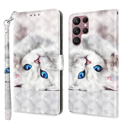 Samsung Galaxy S22 Ultra 5G 3D Painted Leather Phone Case - Reflection White Cat