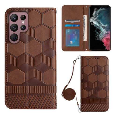 Samsung Galaxy S22 Ultra 5G Crossbody Football Texture Magnetic PU Phone Case - Brown