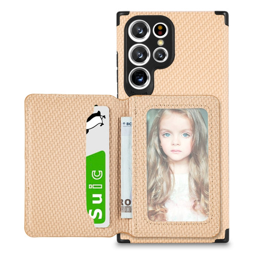 Samsung Galaxy S22 Ultra 5G Carbon Fiber Magnetic Card Holder TPU+PU Case - Khaki