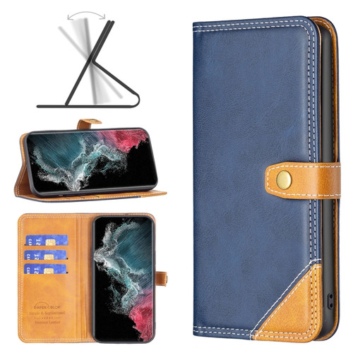 Samsung Galaxy S22 Ultra 5G Color Matching Double Sewing Thread Leather Phone Case - Blue