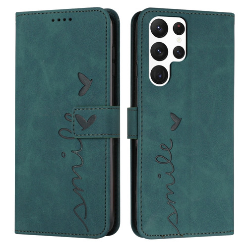 Samsung Galaxy S22 Ultra Skin Feel Heart Pattern Leather Phone Case - Green