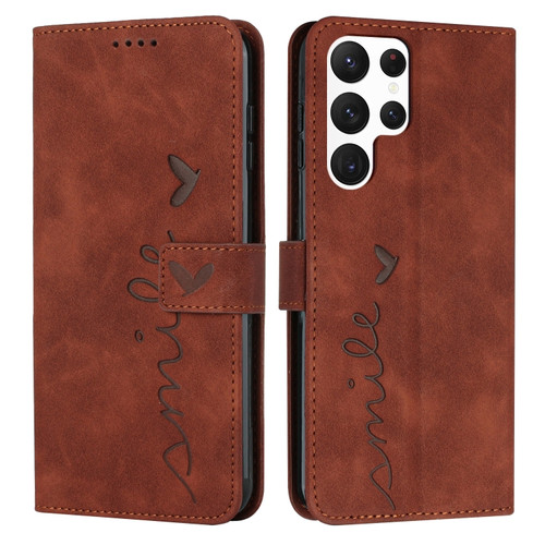 Samsung Galaxy S22 Ultra Skin Feel Heart Pattern Leather Phone Case - Brown