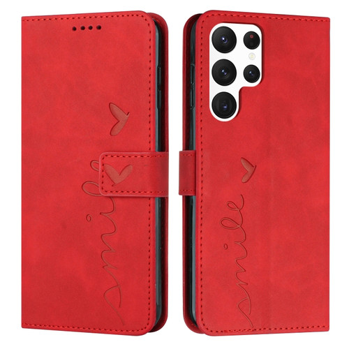 Samsung Galaxy S22 Ultra Skin Feel Heart Pattern Leather Phone Case - Red