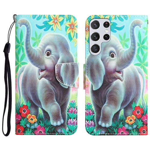 Samsung Galaxy S22 Ultra 5G Colored Drawing Leather Phone Case - Elephant