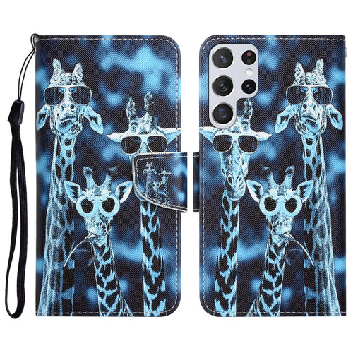Samsung Galaxy S22 Ultra 5G Colored Drawing Leather Phone Case - Giraffes