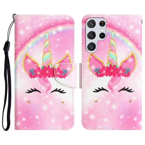 Samsung Galaxy S22 Ultra 5G Colored Drawing Leather Phone Case - Unicorn