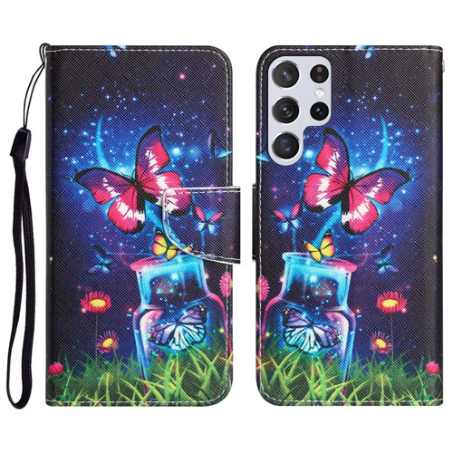 Samsung Galaxy S22 Ultra 5G Colored Drawing Leather Phone Case - Bottle Butterfly