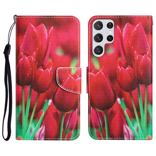 Samsung Galaxy S22 Ultra 5G Colored Drawing Leather Phone Case - Tulips