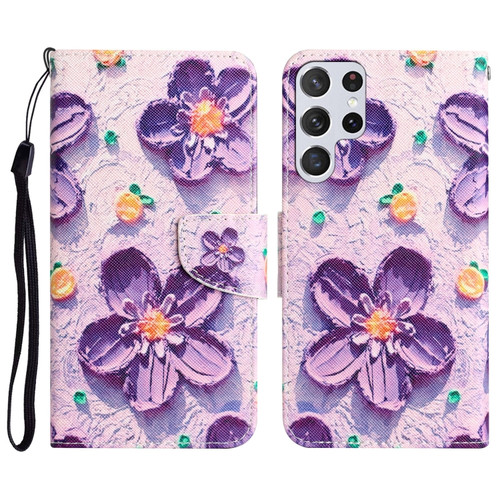 Samsung Galaxy S22 Ultra 5G Colored Drawing Leather Phone Case - Purple Flower