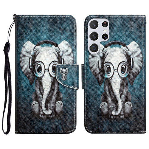 Samsung Galaxy S22 Ultra 5G Colored Drawing Leather Phone Case - Earphone Elephant