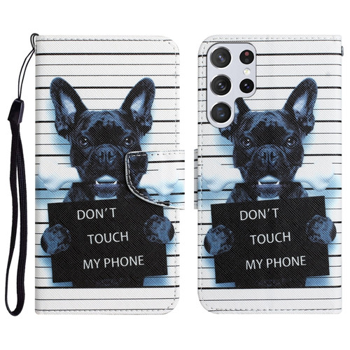 Samsung Galaxy S22 Ultra 5G Colored Drawing Leather Phone Case - Black Dog