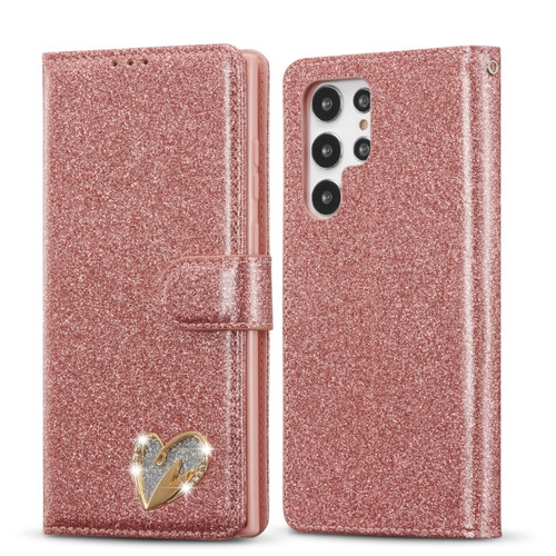 Samsung Galaxy S22 Ultra 5G Glitter Powder Love Leather Phone Case - Pink