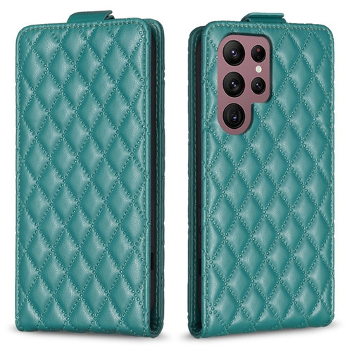 Samsung Galaxy S22 Ultra 5G Diamond Lattice Vertical Flip Leather Phone Case - Green