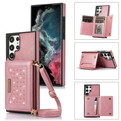 Samsung Galaxy S22 Ultra Three-fold RFID Leather Phone Case with Lanyard - Rose Gold