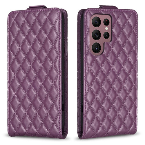 Samsung Galaxy S22 Ultra 5G Diamond Lattice Vertical Flip Leather Phone Case - Dark Purple
