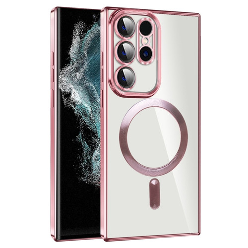 Samsung Galaxy S22 Ultra 5G CD Texture Plating TPU MagSafe Phone Case with Lens Film - Pink