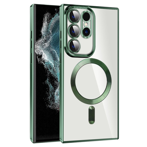 Samsung Galaxy S22 Ultra 5G CD Texture Plating TPU MagSafe Phone Case with Lens Film - Dark Green