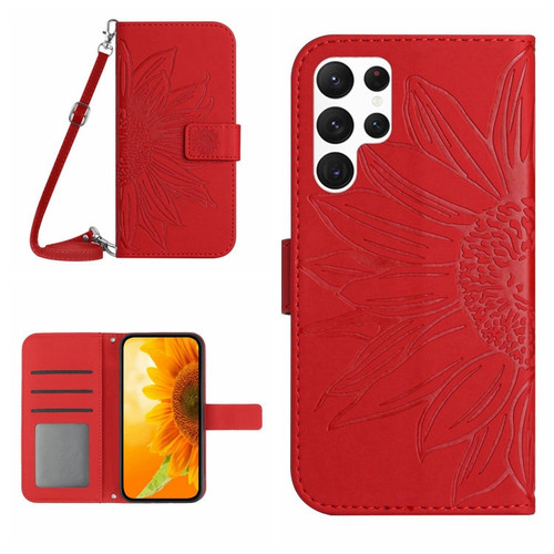 Samsung Galaxy S22 Ultra 5G Skin Feel Sun Flower Pattern Flip Leather Phone Case with Lanyard - Red