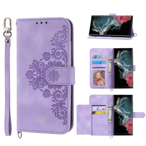 Samsung Galaxy S22 Ultra 5G Skin-feel Flowers Embossed Wallet Leather Phone Case - Purple