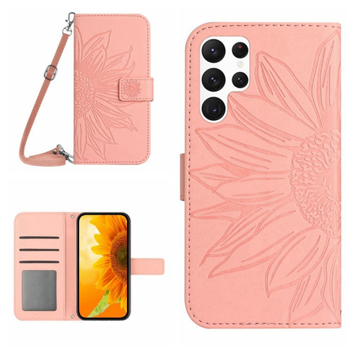 Samsung Galaxy S22 Ultra 5G Skin Feel Sun Flower Pattern Flip Leather Phone Case with Lanyard - Pink