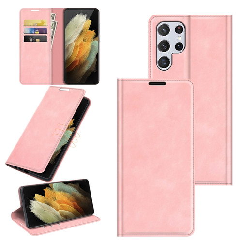Samsung Galaxy S22 Ultra 5G Retro-skin Business Magnetic Suction Leather Case with Holder & Card Slots & Wallet - Pink