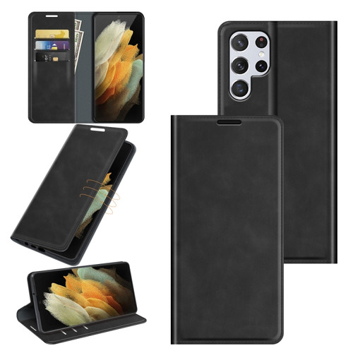 Samsung Galaxy S22 Ultra 5G Retro-skin Business Magnetic Suction Leather Case with Holder & Card Slots & Wallet - Black