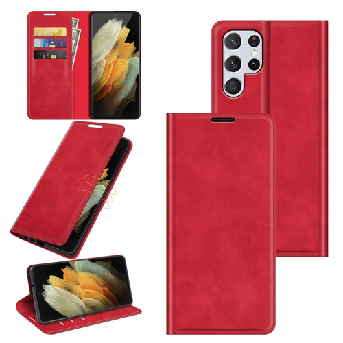 Samsung Galaxy S22 Ultra 5G Retro-skin Business Magnetic Suction Leather Case with Holder & Card Slots & Wallet - Red