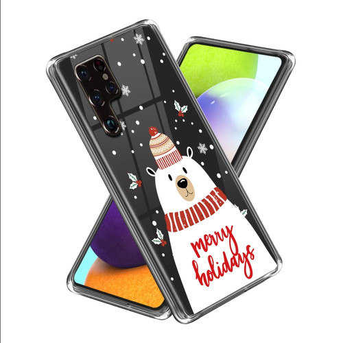 Samsung Galaxy S22 Ultra 5G Christmas Patterned Clear TPU Phone Cover Case - White Bear