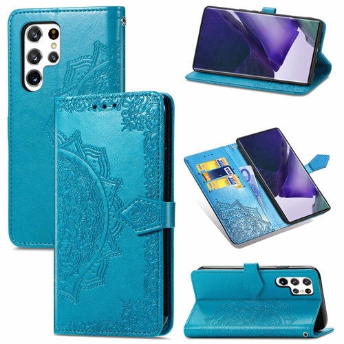 Samsung Galaxy S22 Ultra 5G Mandala Flower Embossed Horizontal Flip Leather Case with Holder & Card Slots & Wallet & Lanyard - Blue