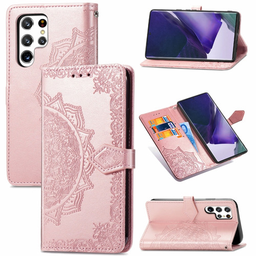 Samsung Galaxy S22 Ultra 5G Mandala Flower Embossed Horizontal Flip Leather Case with Holder & Card Slots & Wallet & Lanyard - Rose Gold
