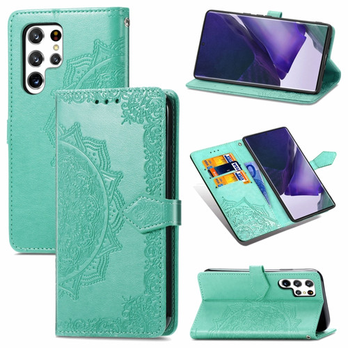 Samsung Galaxy S22 Ultra 5G Mandala Flower Embossed Horizontal Flip Leather Case with Holder & Card Slots & Wallet & Lanyard - Green