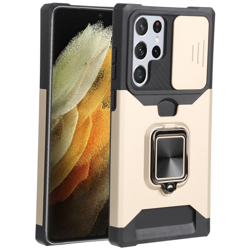 Samsung Galaxy S22 Ultra 5G Sliding Camera Cover Design PC + TPU Shockproof Phone Case with Ring Holder & Card Slot - Gold