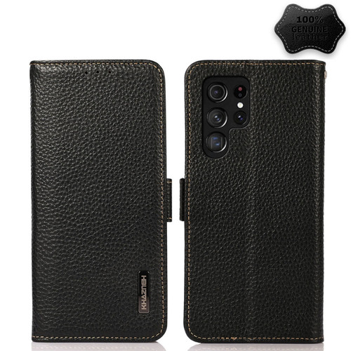 Samsung Galaxy S22 Ultra 5G KHAZNEH Side-Magnetic Litchi Genuine Leather RFID Phone Case - Black