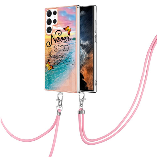 Samsung Galaxy S22 Ultra 5G Electroplating IMD TPU Phone Case with Lanyard - Dream Butterfly