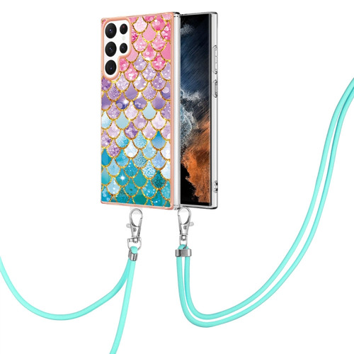 Samsung Galaxy S22 Ultra 5G Electroplating IMD TPU Phone Case with Lanyard - Colorful Scales