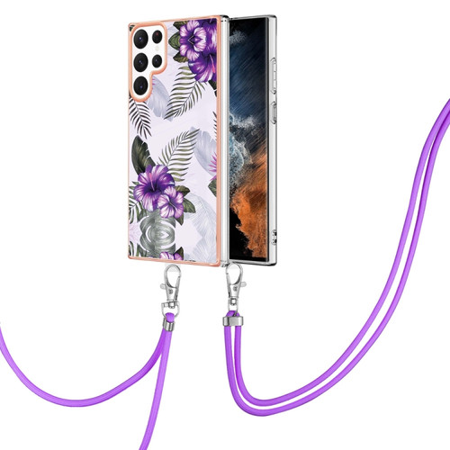 Samsung Galaxy S22 Ultra 5G Electroplating IMD TPU Phone Case with Lanyard - Purple Flower