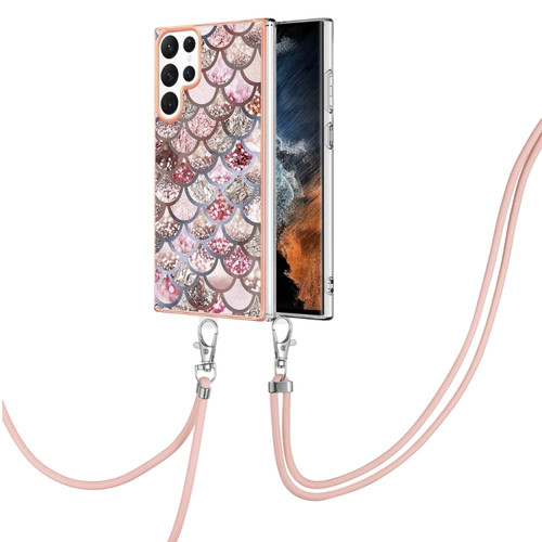 Samsung Galaxy S22 Ultra 5G Electroplating IMD TPU Phone Case with Lanyard - Pink Scales