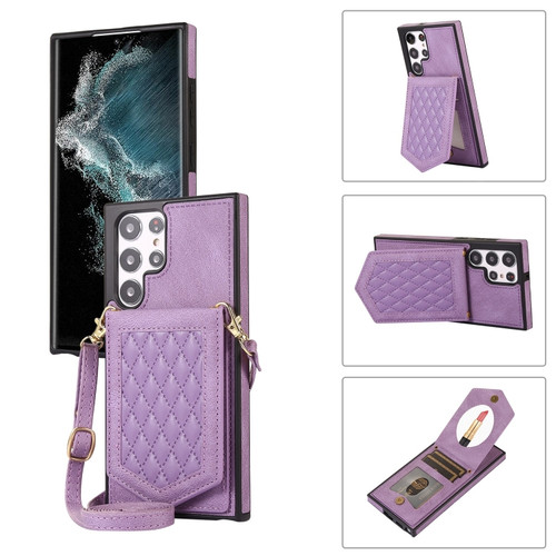 Samsung Galaxy S22 Ultra 5G Rhombic Texture RFID Phone Case with Lanyard & Mirror - Purple