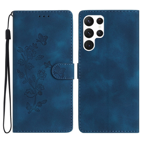 Samsung Galaxy S22 Ultra 5G Flower Butterfly Embossing Pattern Leather Phone Case - Blue