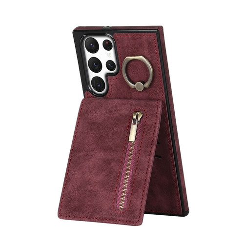Samsung Galaxy S22 Ultra 5G Retro Ring and Zipper RFID Card Slot Phone Case - Wine Red