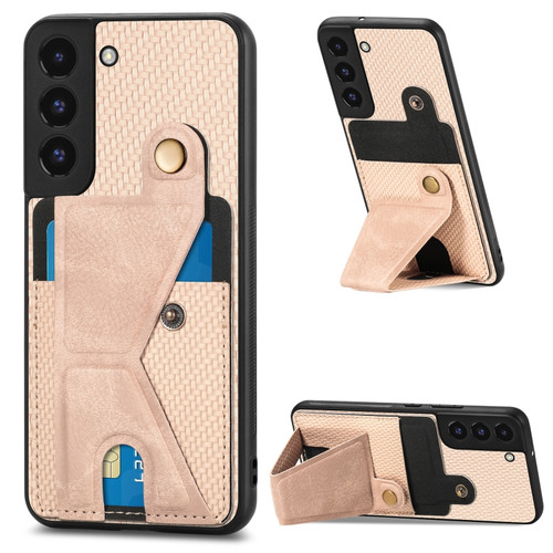 Samsung Galaxy S22 5G Carbon Fiber Wallet Flip Card K-shaped Holder Phone Case - Khaki