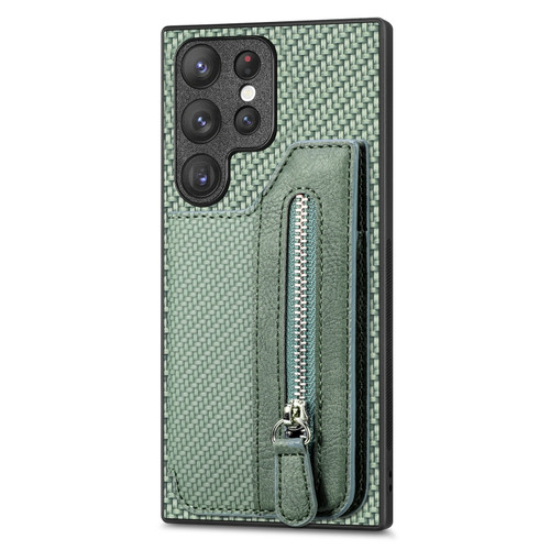 Samsung Galaxy S22 Ultra 5G Carbon Fiber Horizontal Flip Zipper Wallet Phone Case - Green