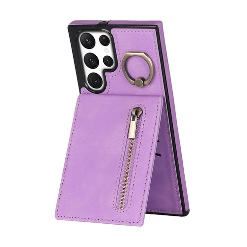 Samsung Galaxy S22 Ultra 5G Retro Ring and Zipper RFID Card Slot Phone Case - Purple