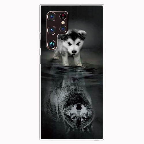 Samaung Galaxy S22 Ultra 5G Painted Pattern High Transparent TPU Phone Case - Reflected Wolf