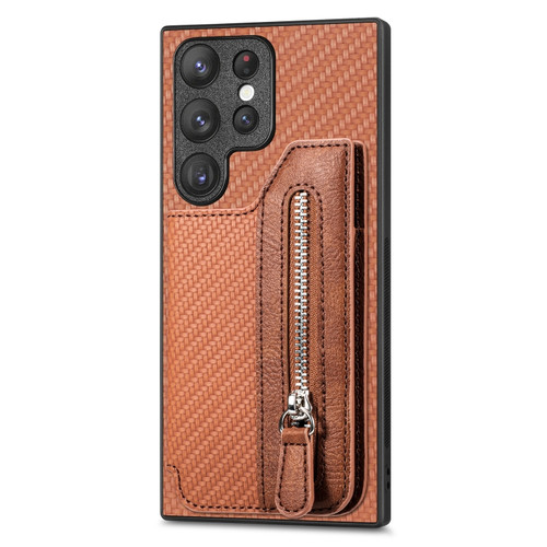 Samsung Galaxy S22 Ultra 5G Carbon Fiber Horizontal Flip Zipper Wallet Phone Case - Brown
