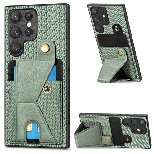 Samsung Galaxy S22 Ultra 5G Carbon Fiber Wallet Flip Card K-shaped Holder Phone Case - Green