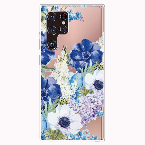 Samaung Galaxy S22 Ultra 5G Painted Pattern High Transparent TPU Phone Case - Blue White Roses