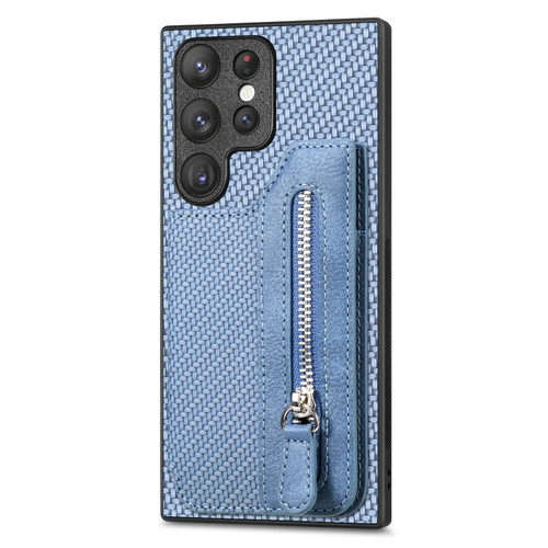 Samsung Galaxy S22 Ultra 5G Carbon Fiber Horizontal Flip Zipper Wallet Phone Case - Blue