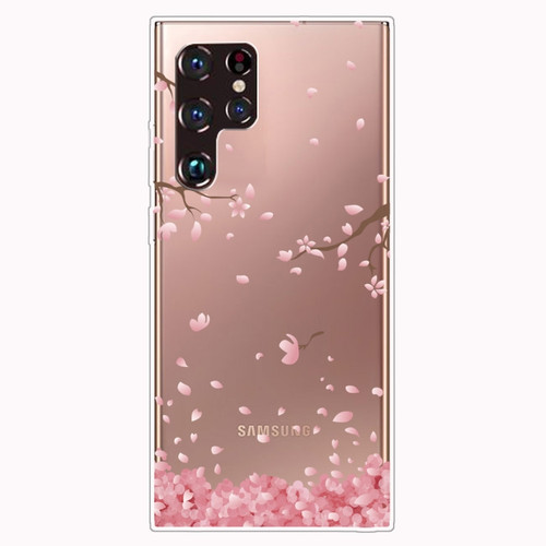 Samaung Galaxy S22 Ultra 5G Painted Pattern High Transparent TPU Phone Case - Fallen Cherry Blossoms